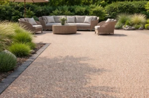 Patio élégant avec moquette de pierre.