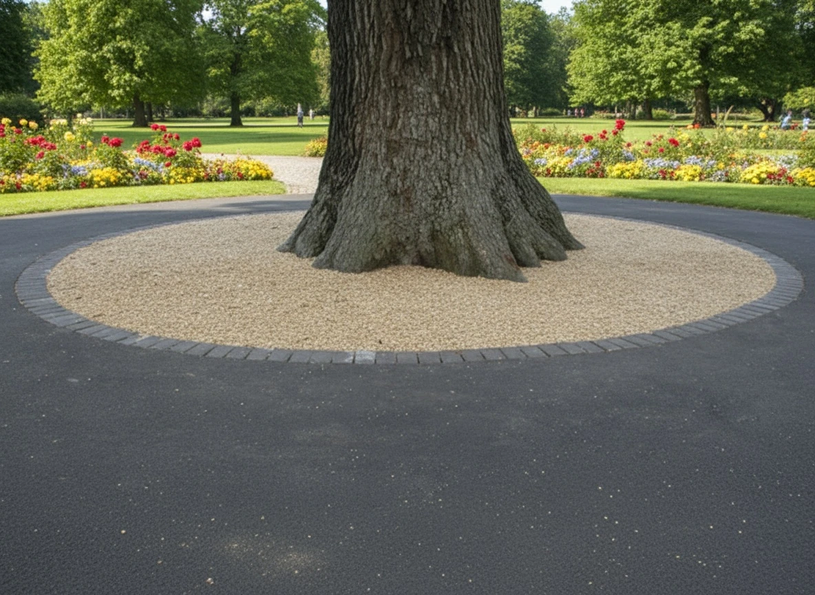 Revêtement drainant et propre au pied d’un arbre en zone piétonne