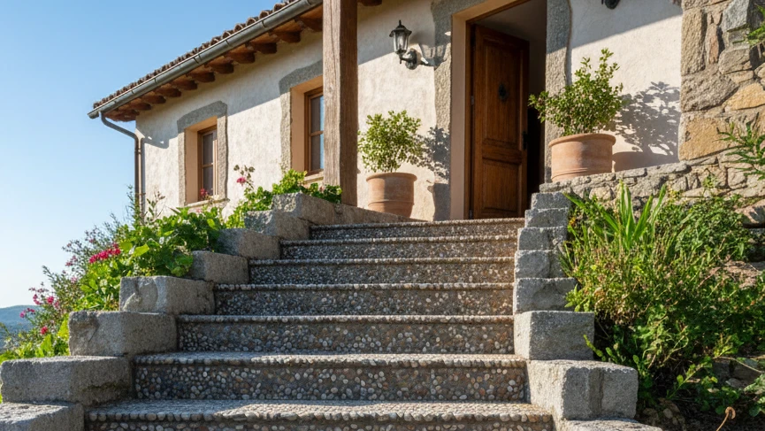 Escalier extérieur avec sa moquette de pierre, entouré de plantes et d'une maison au charme traditionnel.