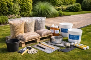 Kit moquette de pierre avec composants et résine, outils spécialisé, posé sur un jardin.