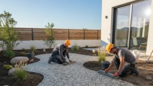 Deux ouvriers professionnels installent un revêtement de sol extérieur en granulats de marbre, illustrant la pose pour un aménagement de jardin moderne.