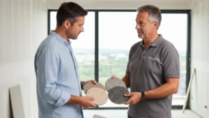 Deux hommes regardant des échantillons de moquette de pierre pour procéder à un devis.