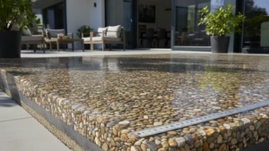 Photo réaliste de l'épaisseur d'une moquette de pierre pour une terrasse de jardin.