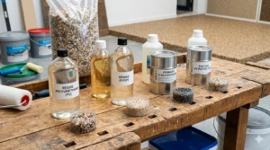 Différents types de résines utilisés pour la moquette de pierre disposés en échantillon sur table en bois.