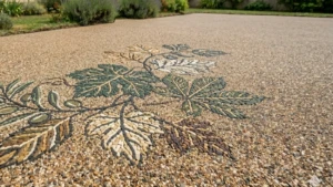 Feuillage en moquette de pierre réalisé sur le tableau d'un sol extérieur.