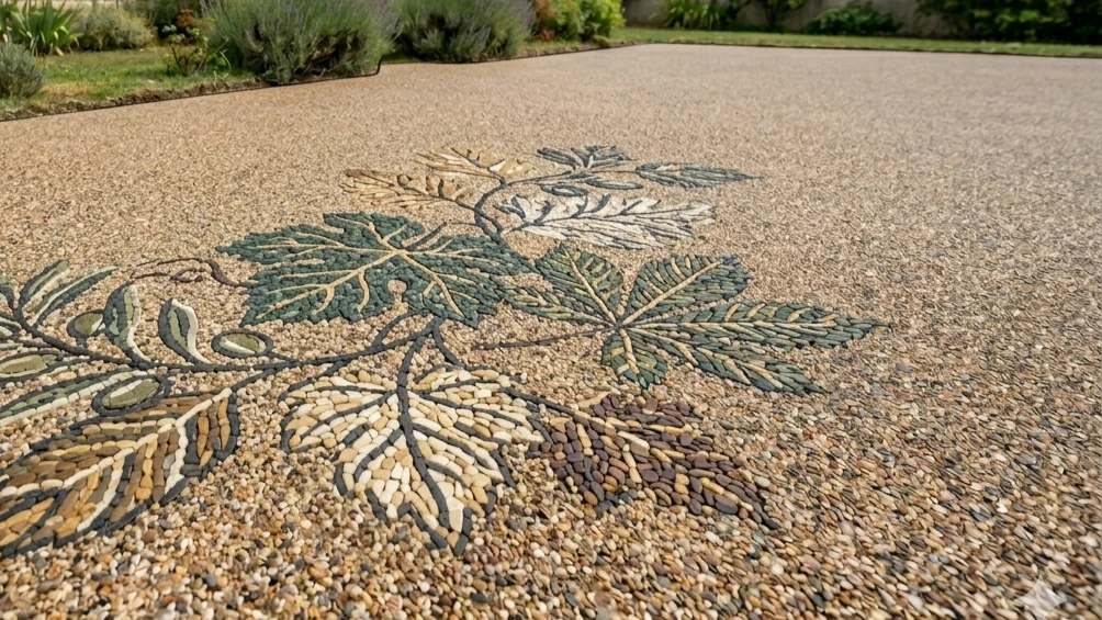 Feuillage en moquette de pierre réalisé sur le tableau d'un sol extérieur.