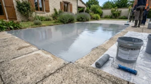 Résine polyuréthane neuve posée sur le sol extérieur d'un pavillon.